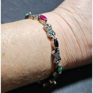 **Last Chance!! FinalSale** Sterling Silver Ruby Emerald Sapphire Marcasite 7.5"